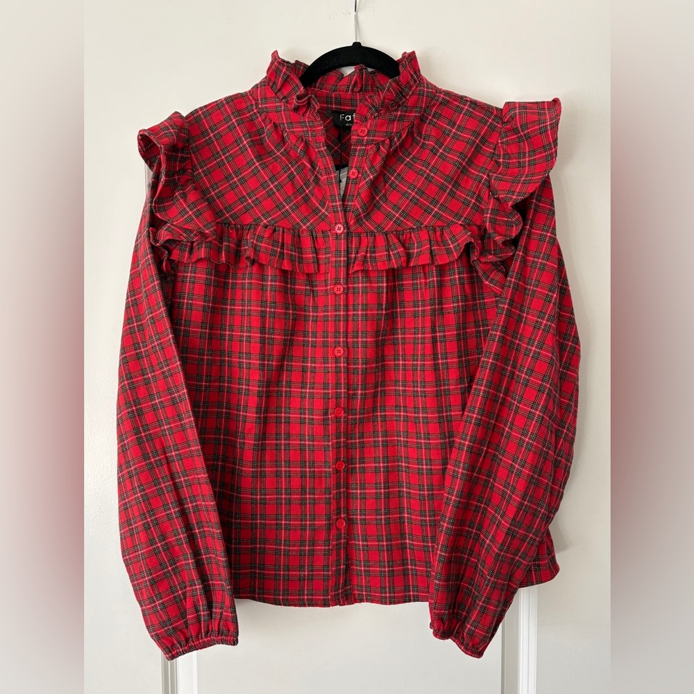 Women’s NWT Fate ruffled red plaid long sleeve button down shirt. Size M. $35